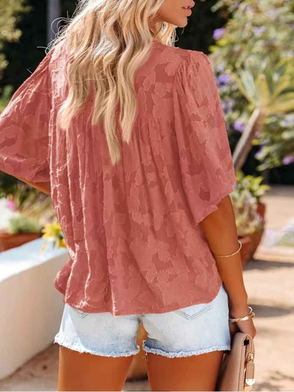 Evereve En Crème floral jacquard babydoll Puff Sleeve Coral Blouse Small Flowy - Picture 4 of 10
